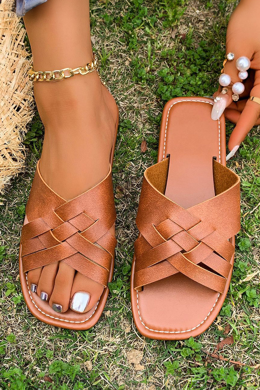 Coffee Woven Cross Strap Slides