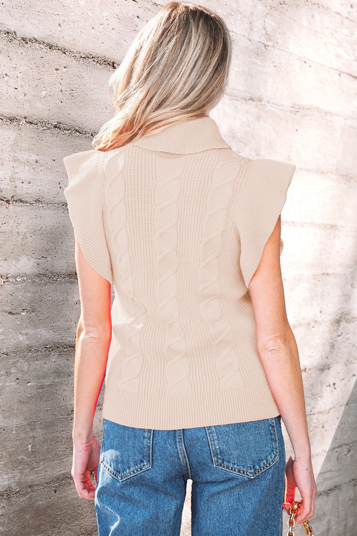 Ivory Cable Knit Ruffle Sleeve Sweater