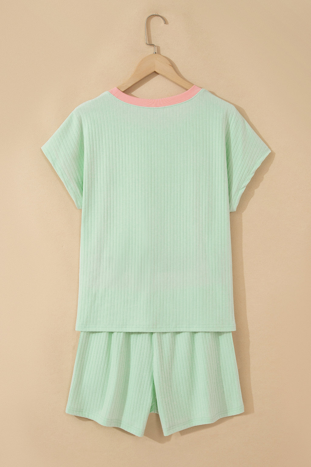 Ribbed Contrast Trim Casual Shorts Set