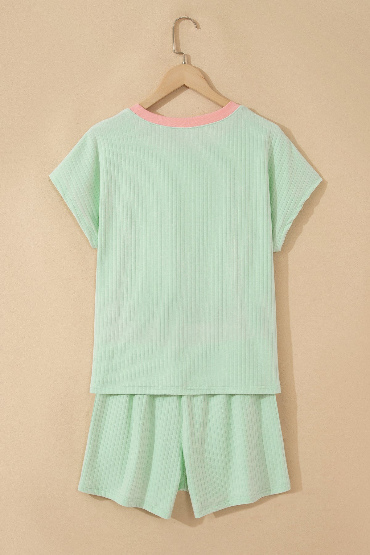 Ribbed Contrast Trim Casual Shorts Set