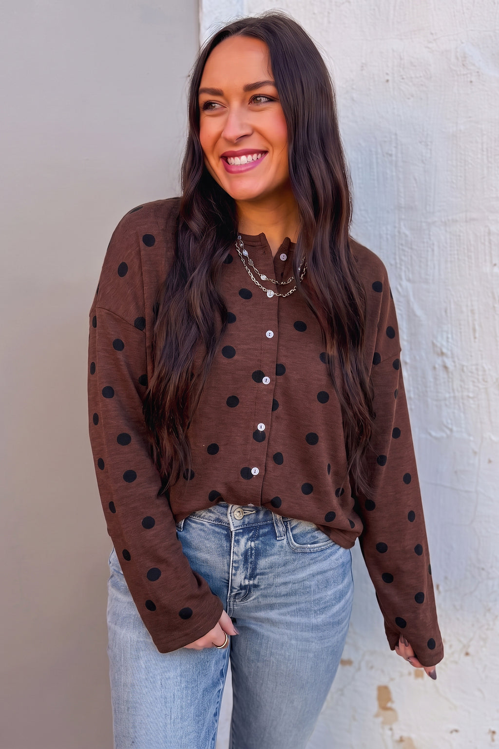 Brown Polka Dot Button Front Top