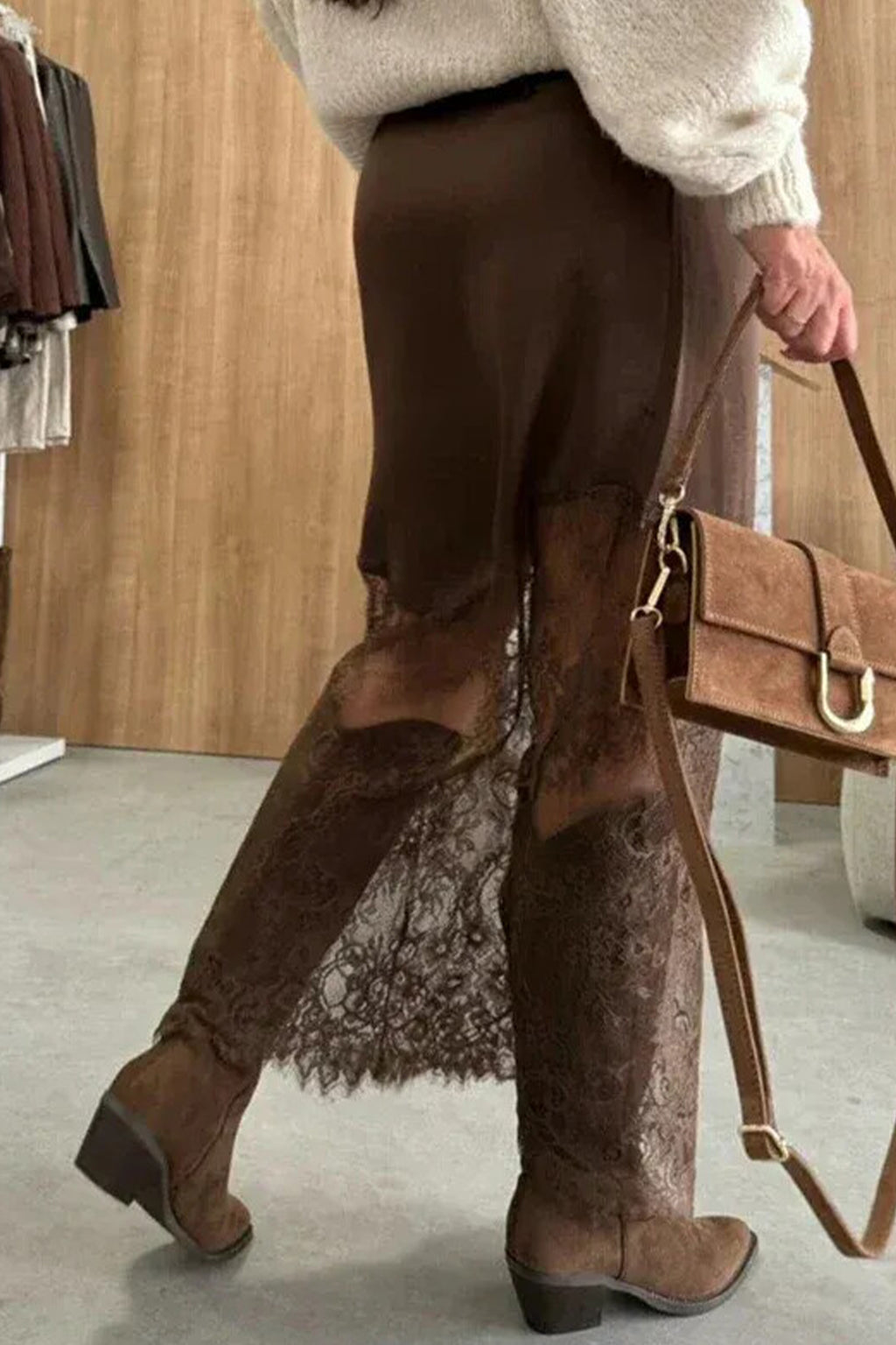 Dark Brown Lace Trim Midi Skirt