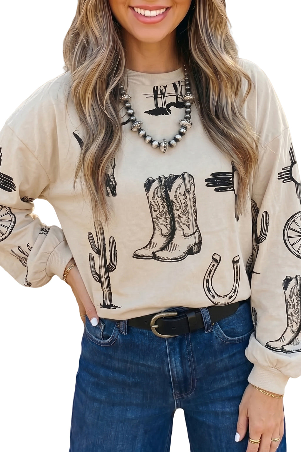 Western Boots & Cactus Long Sleeve Top