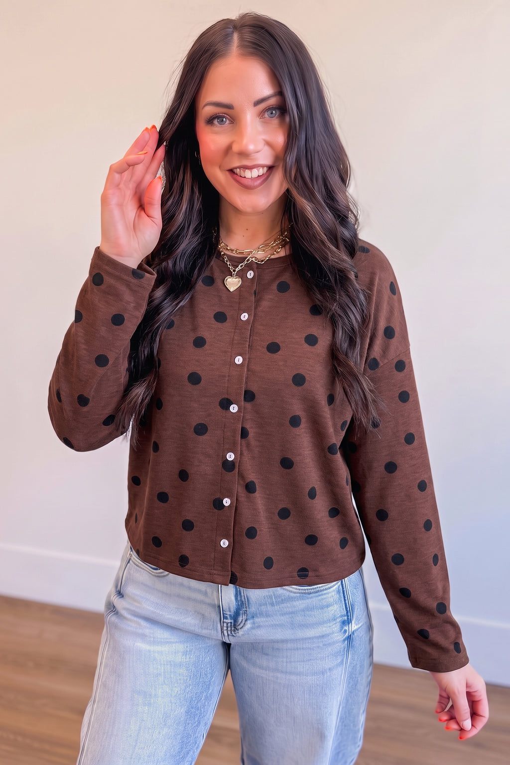 Brown Polka Dot Button Front Top