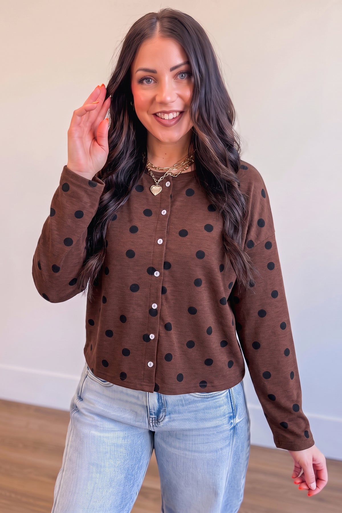 Brown Polka Dot Button Front Top