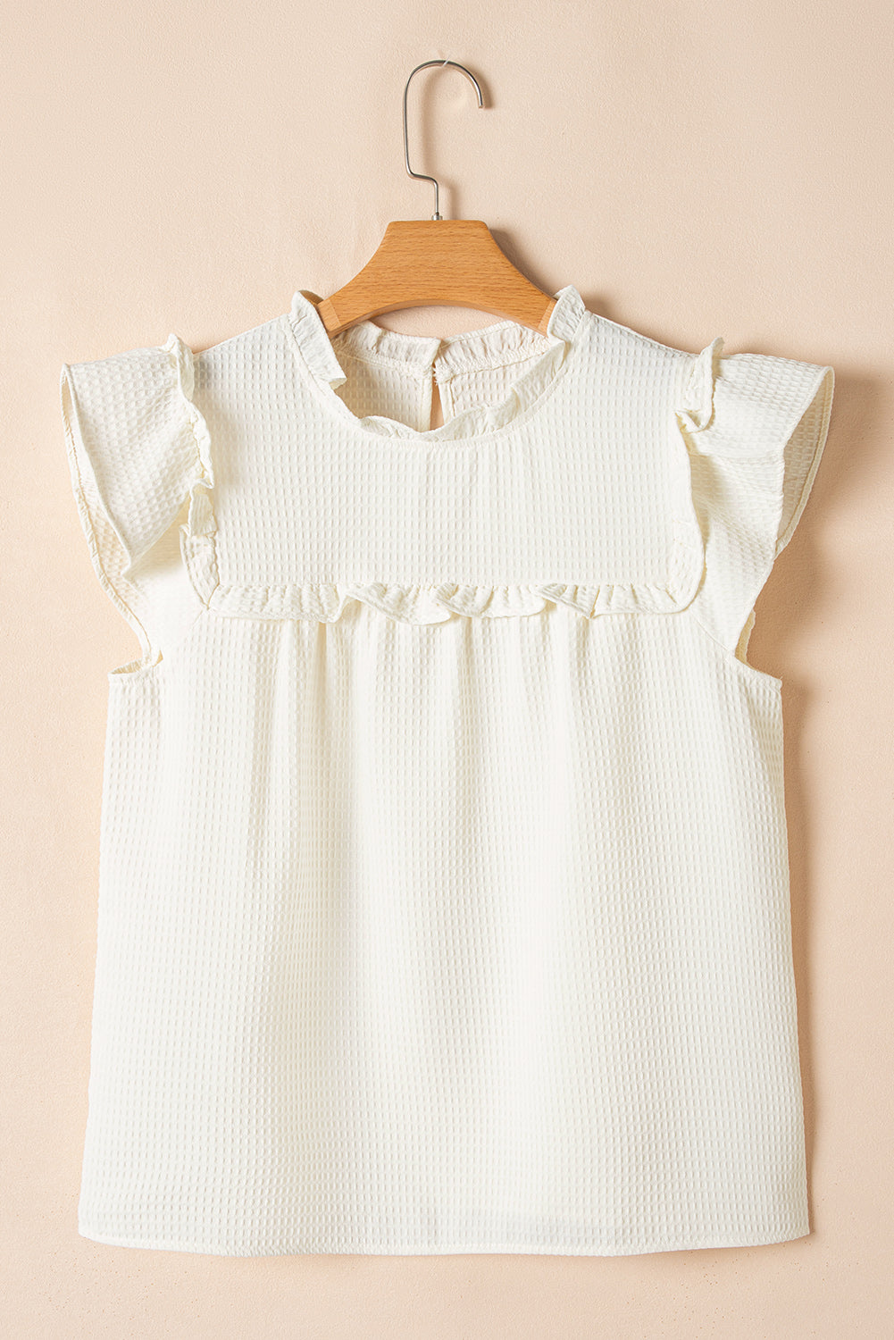 White Waffle Knit Ruffle Sleeve Top