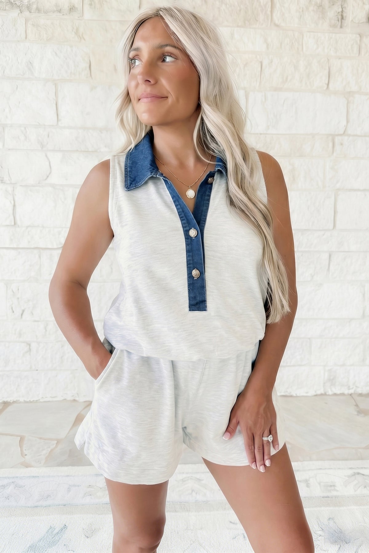 Denim Patchwork Sleeveless Romper