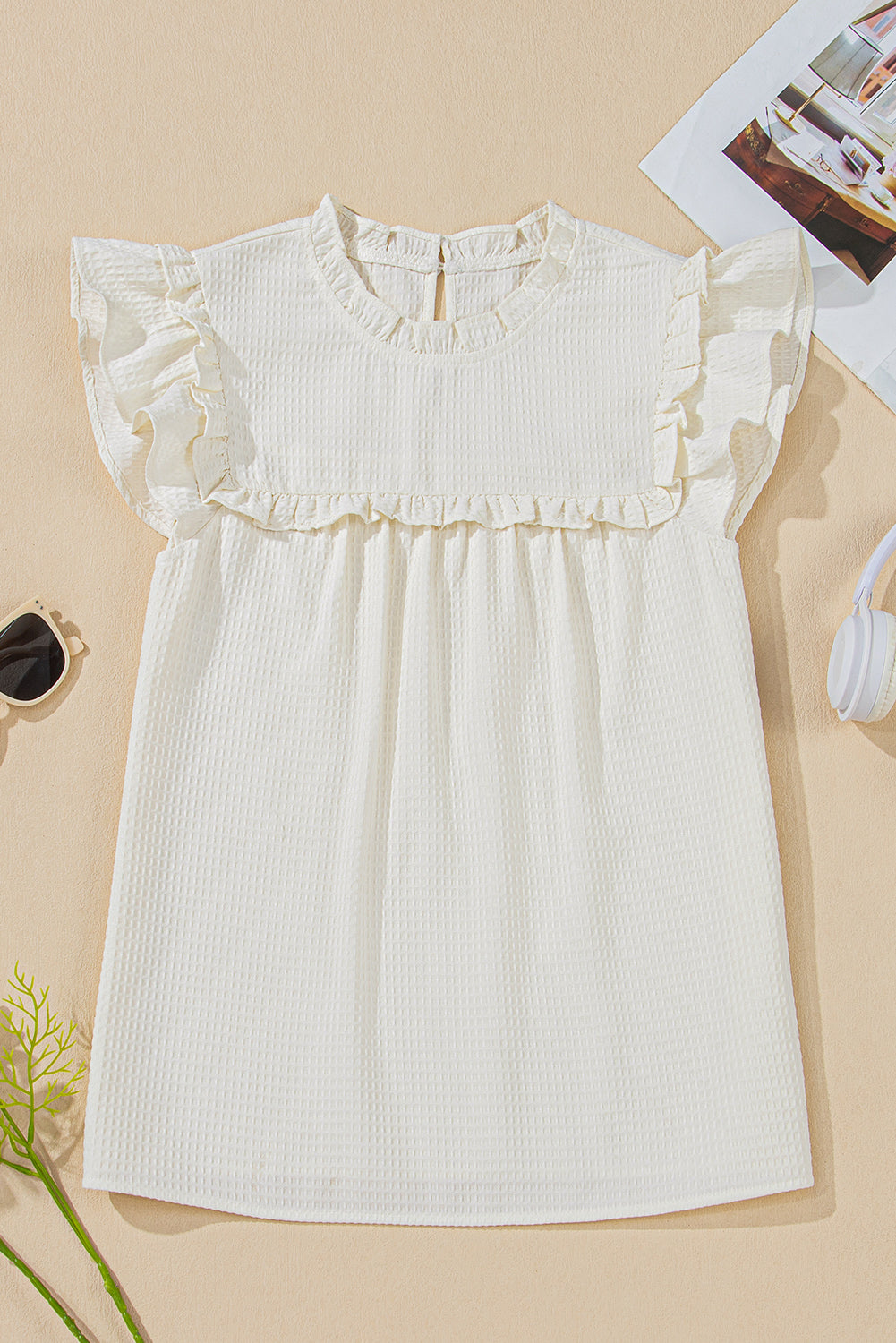 White Waffle Knit Ruffle Sleeve Top