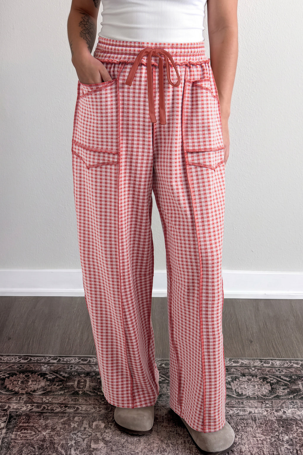 Green Plaid Drawstring Pants