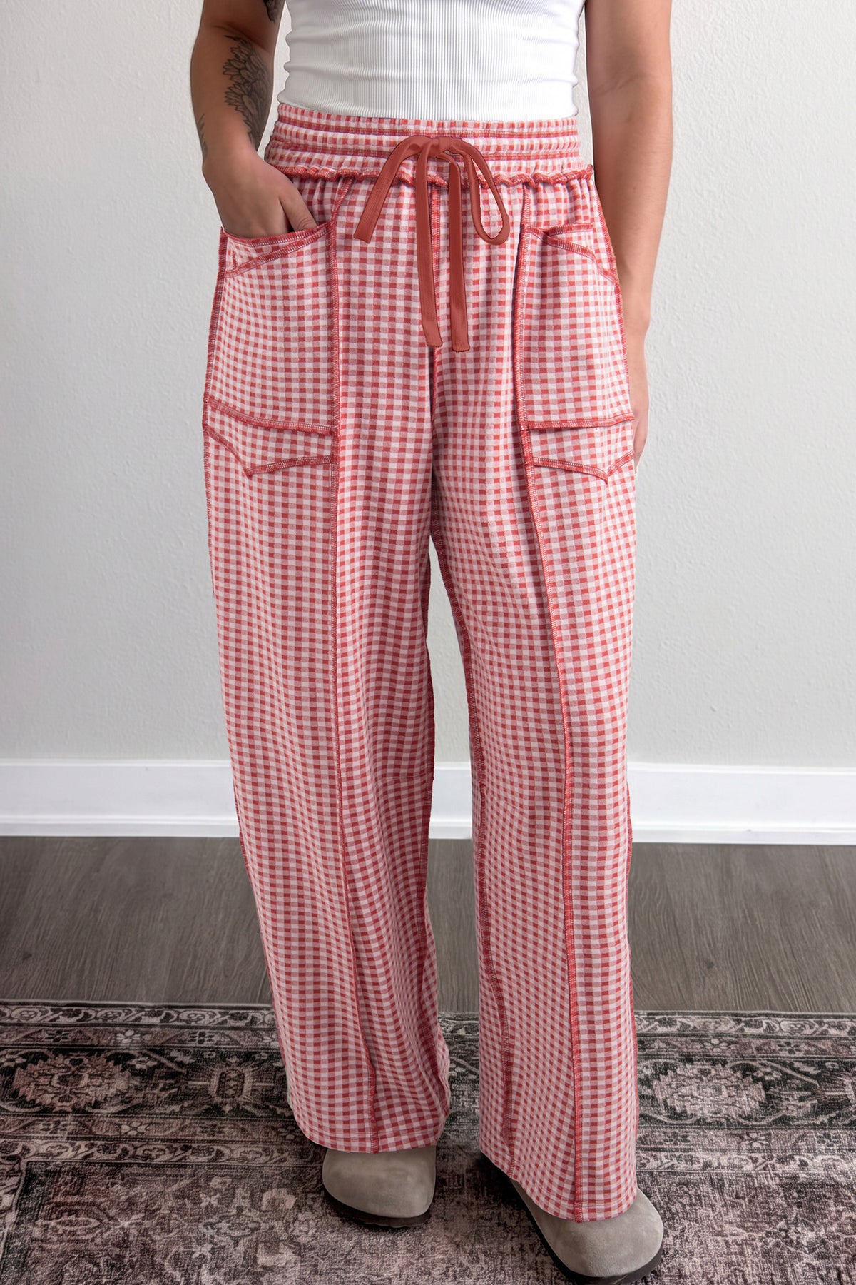 Green Plaid Drawstring Pants