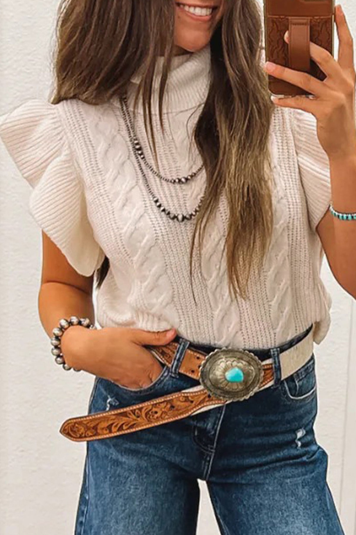 Ivory Cable Knit Ruffle Sleeve Sweater
