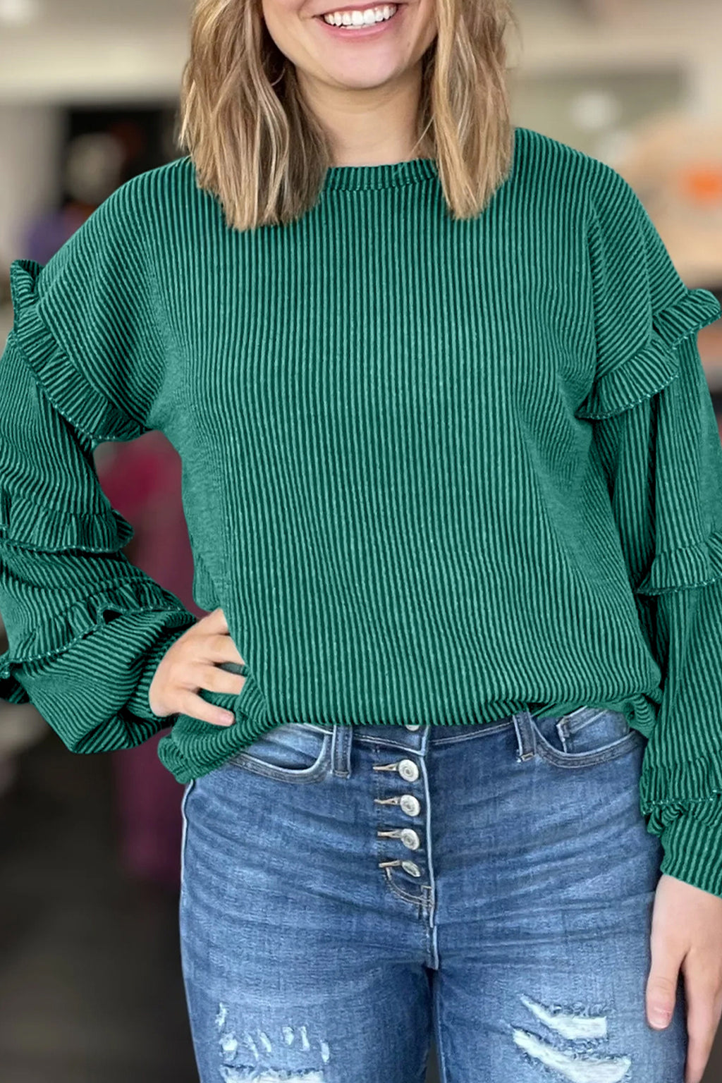 Evergreen Ribbed Ruffle Sleeve Top