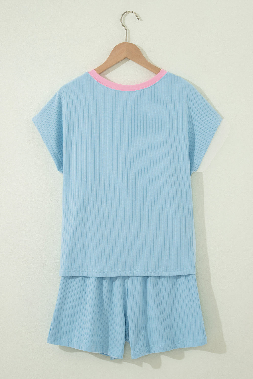 Ribbed Contrast Trim Casual Shorts Set