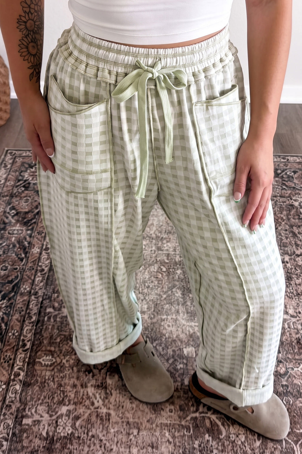Green Plaid Drawstring Pants