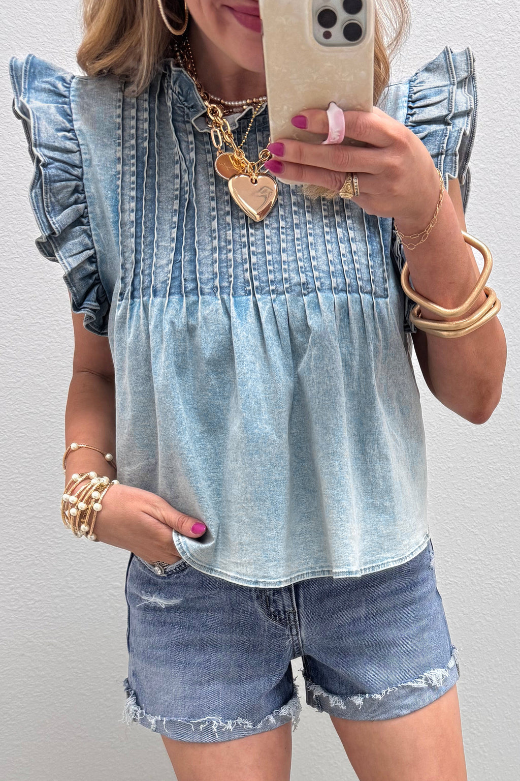 Beau Blue Vintage Wash Ruffle Denim Top