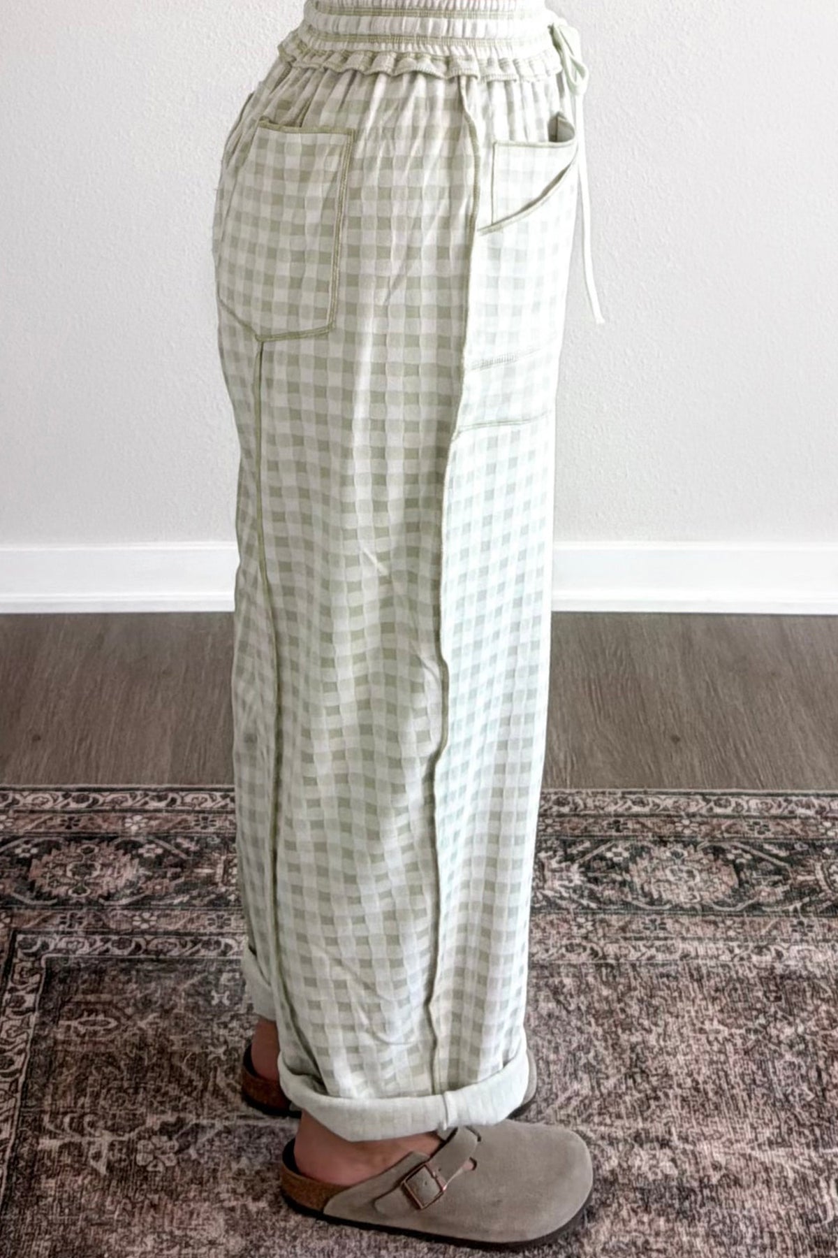 Green Plaid Drawstring Pants