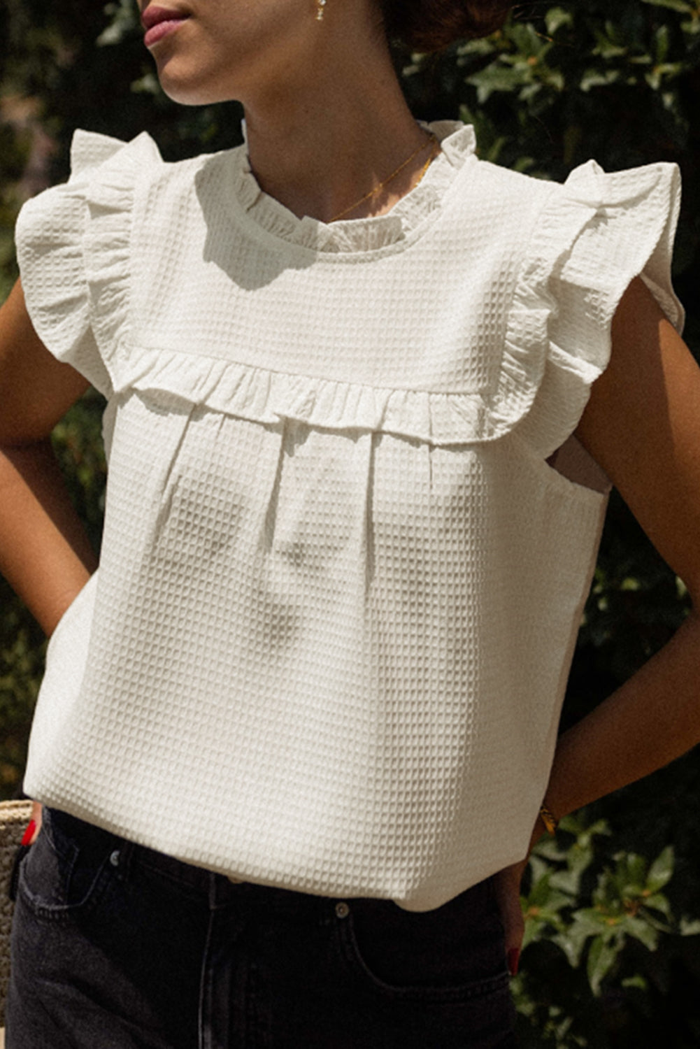 White Waffle Knit Ruffle Sleeve Top