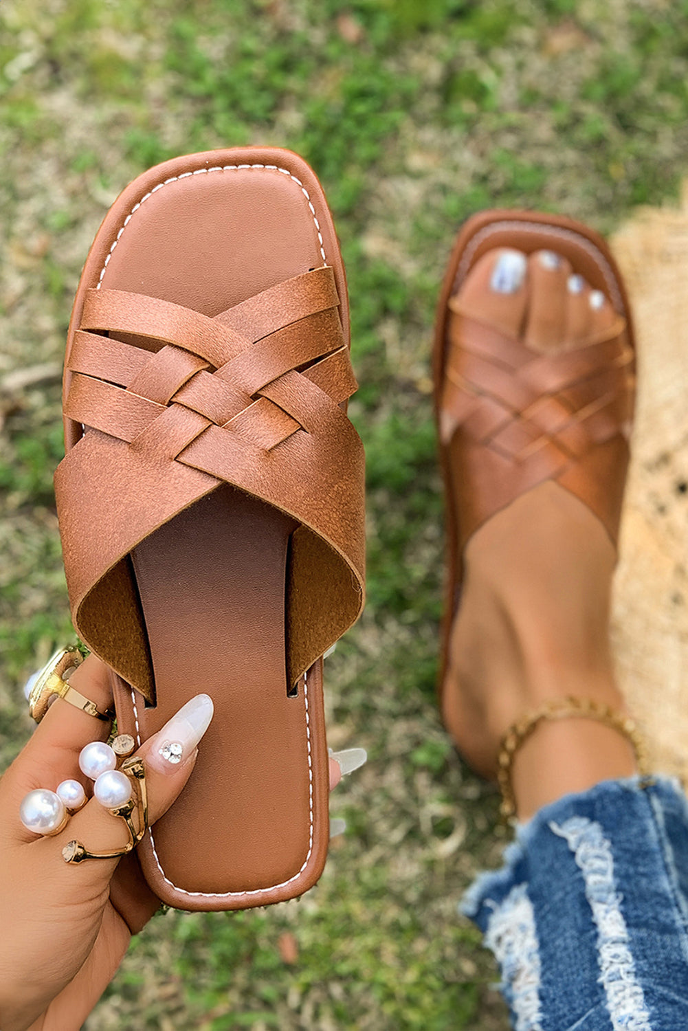 Coffee Woven Cross Strap Slides