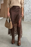 Dark Brown Lace Trim Midi Skirt