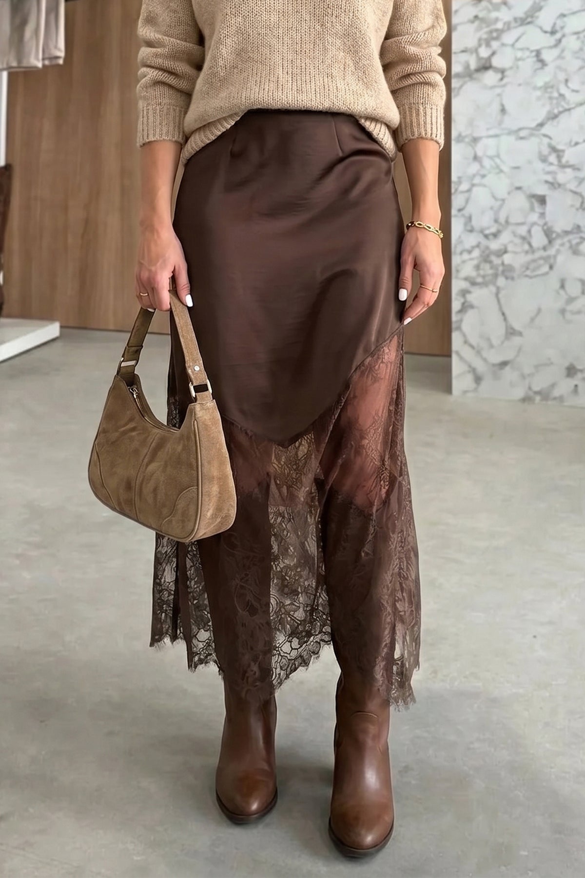 Dark Brown Lace Trim Midi Skirt