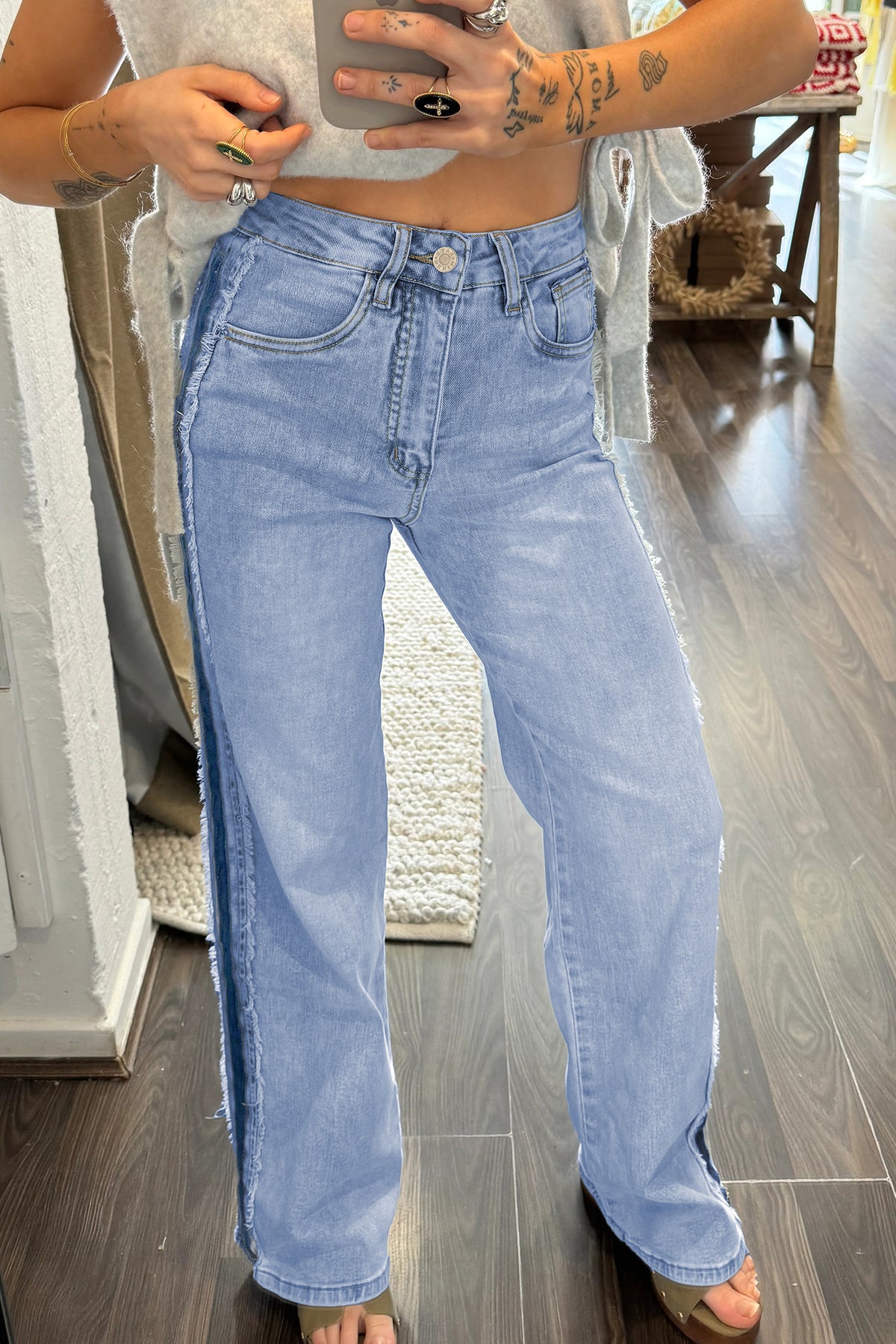 Contrast Stripe Frayed Side Jeans