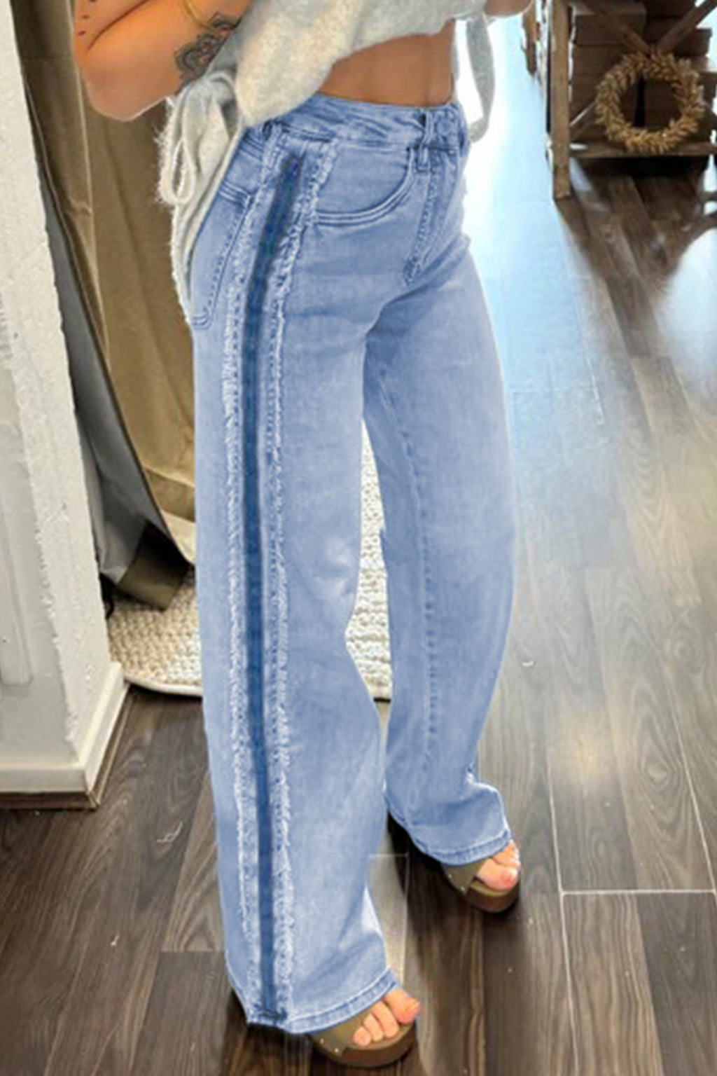 Contrast Stripe Frayed Side Jeans