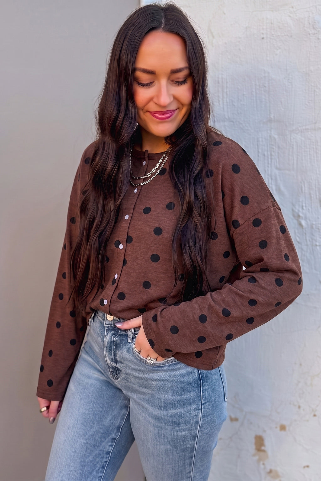 Brown Polka Dot Button Front Top