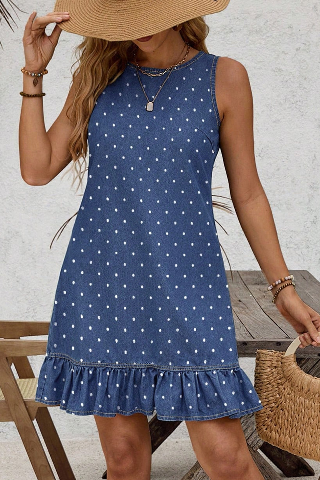 Polka Dot Denim Ruffle Mini Dress