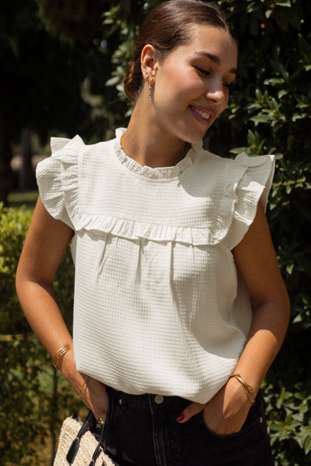White Waffle Knit Ruffle Sleeve Top