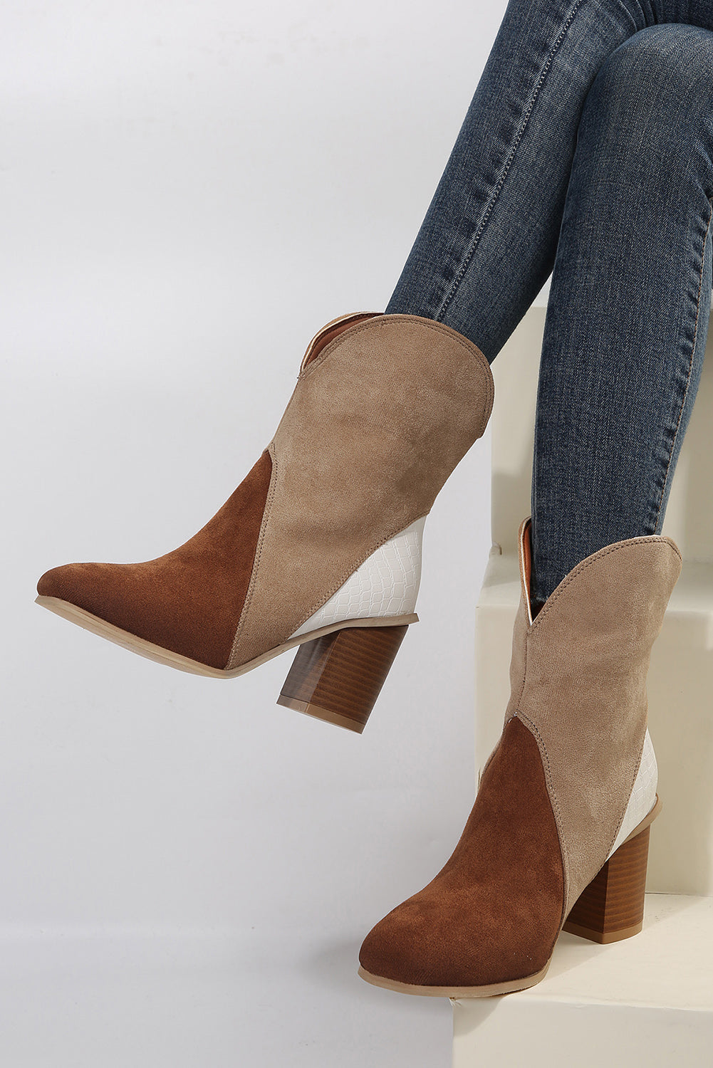Two-Tone Suede Western Ankle Booties
