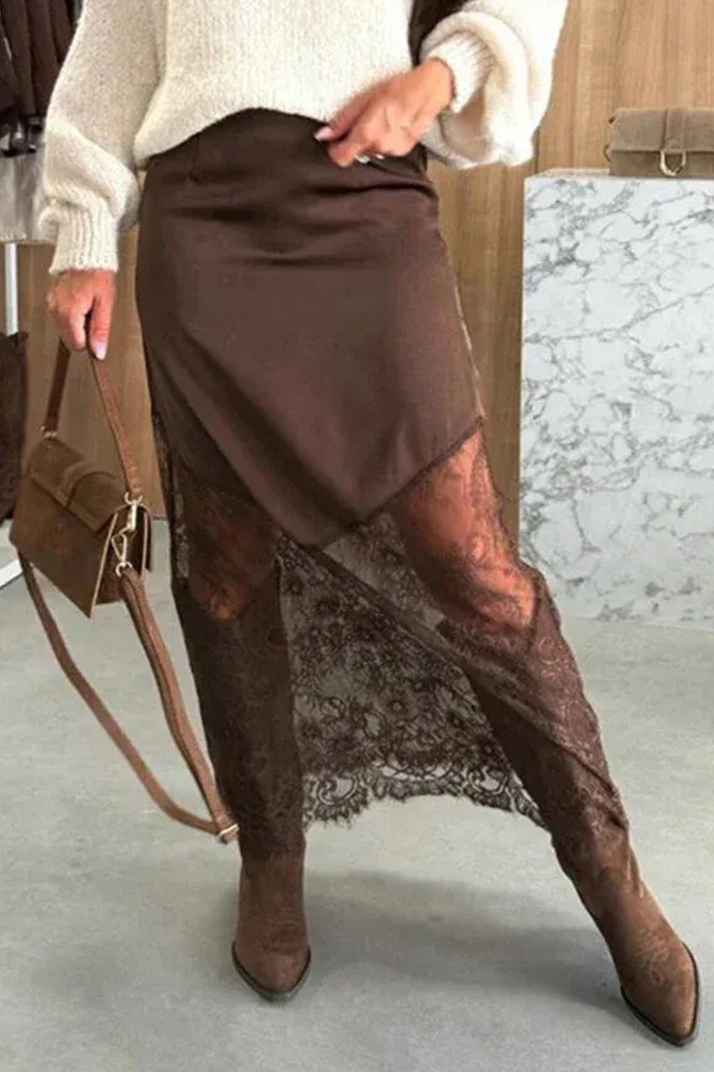 Dark Brown Lace Trim Midi Skirt