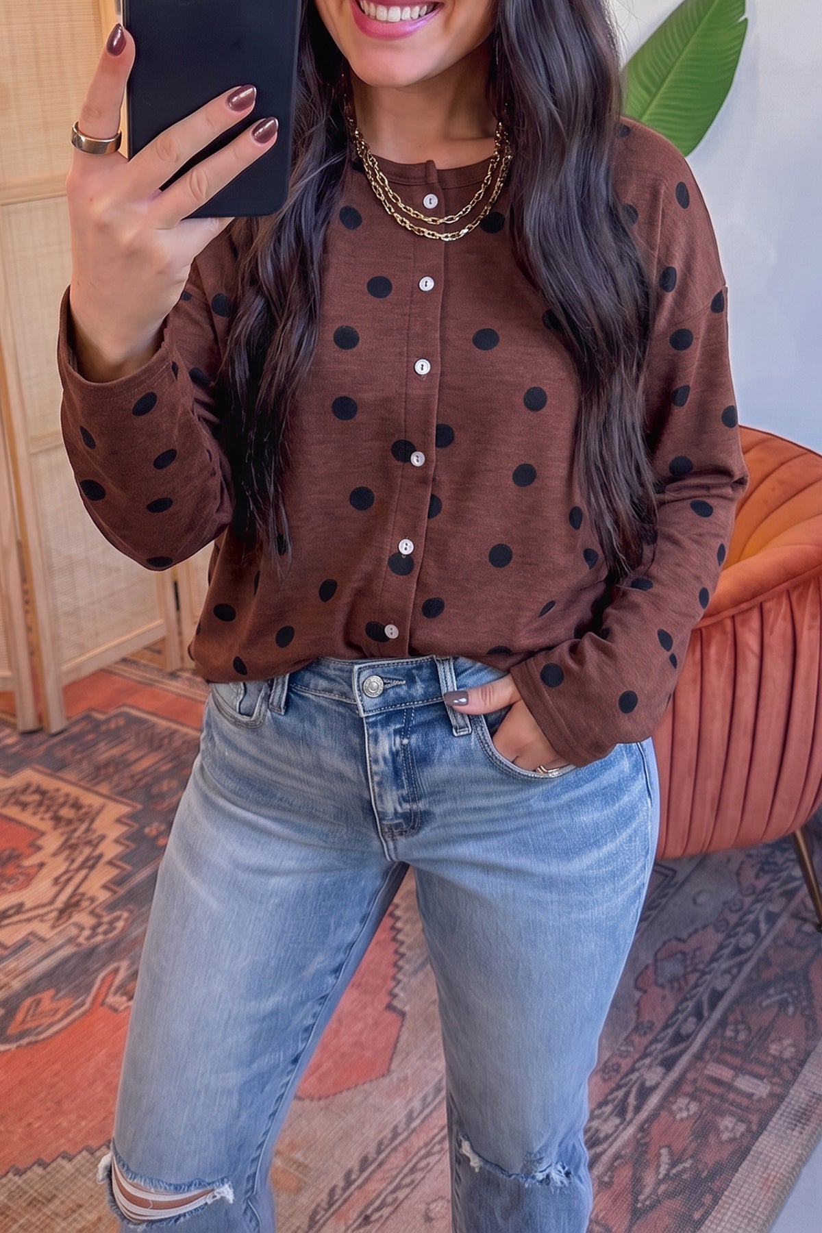 Brown Polka Dot Button Front Top