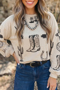 Western Boots & Cactus Long Sleeve Top