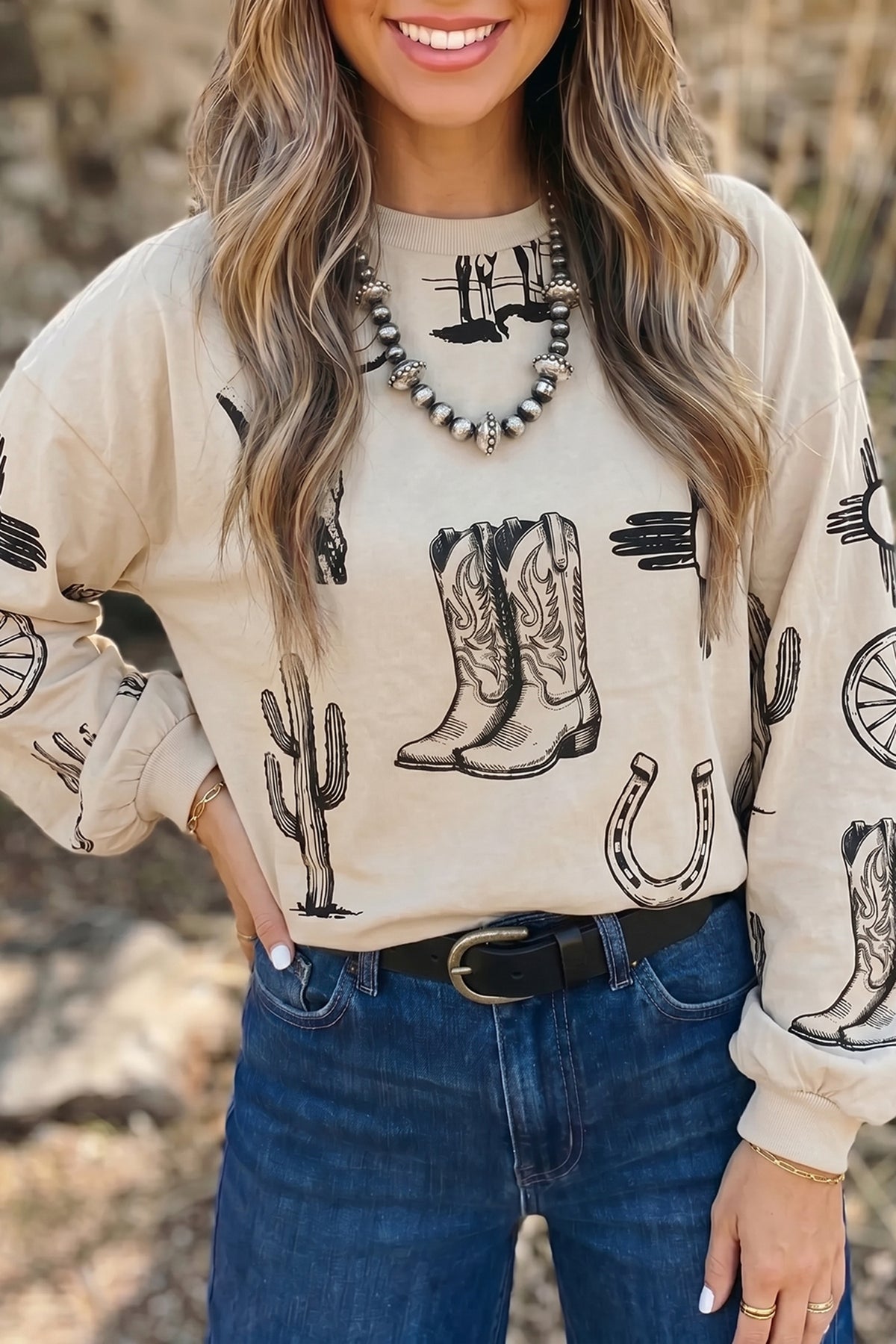 Western Boots & Cactus Long Sleeve Top