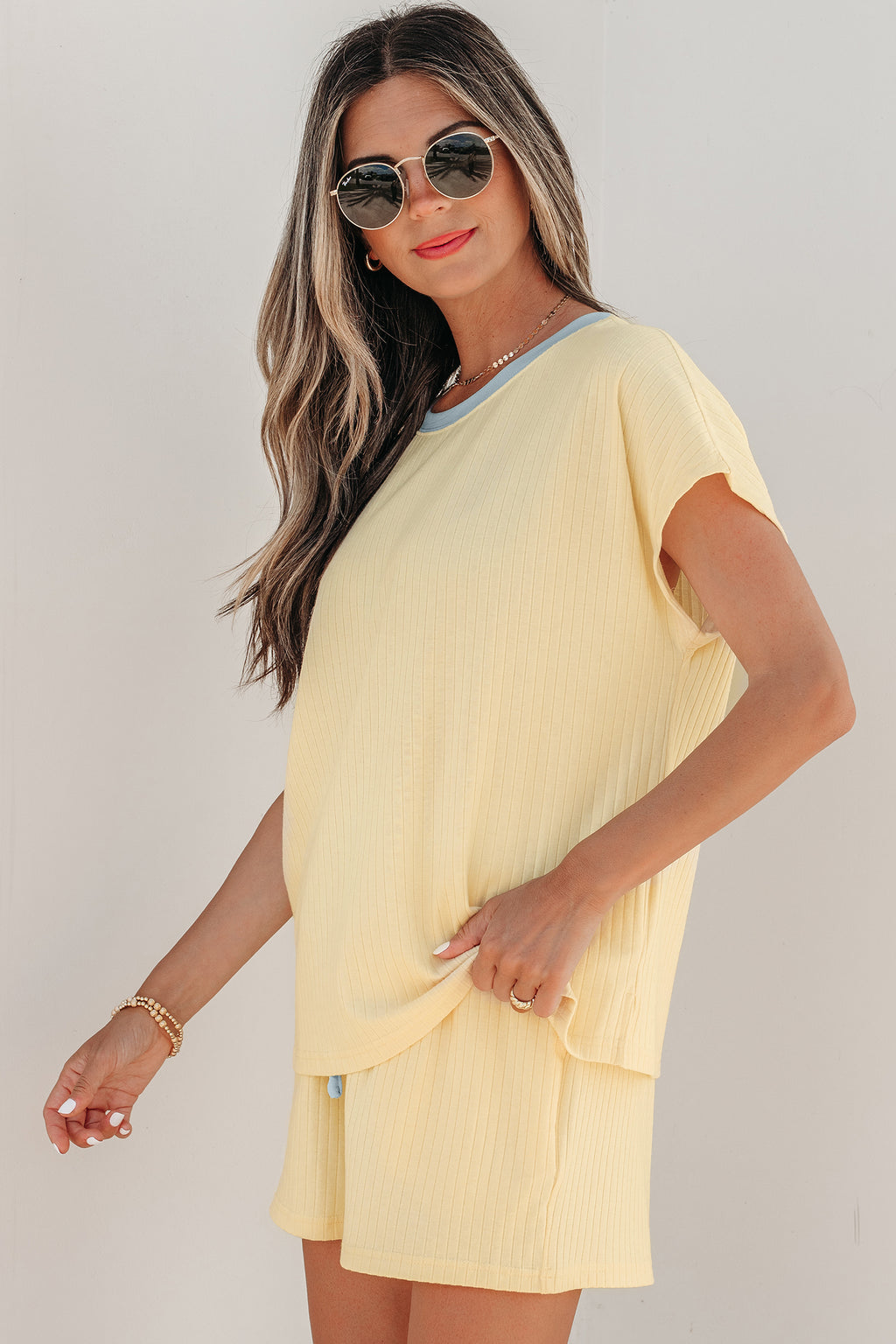 Ribbed Contrast Trim Casual Shorts Set