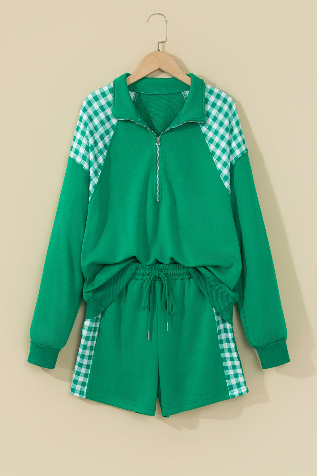 Gingham Patchwork Half-Zip Shorts Set