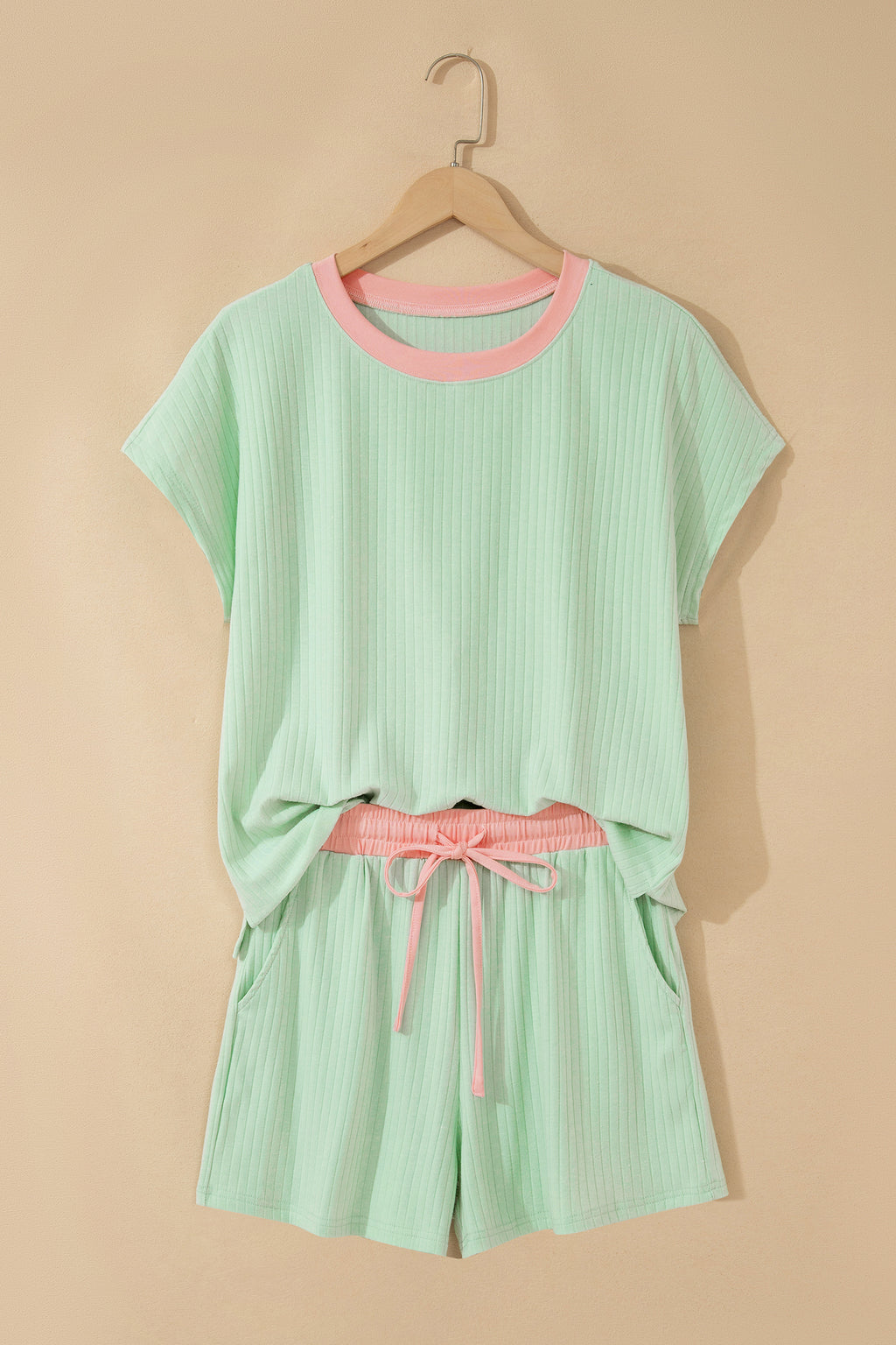 Ribbed Contrast Trim Casual Shorts Set
