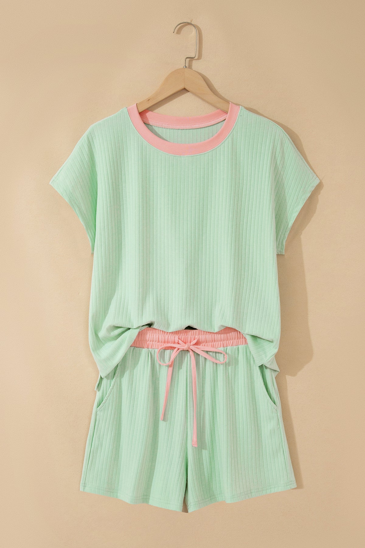 Ribbed Contrast Trim Casual Shorts Set