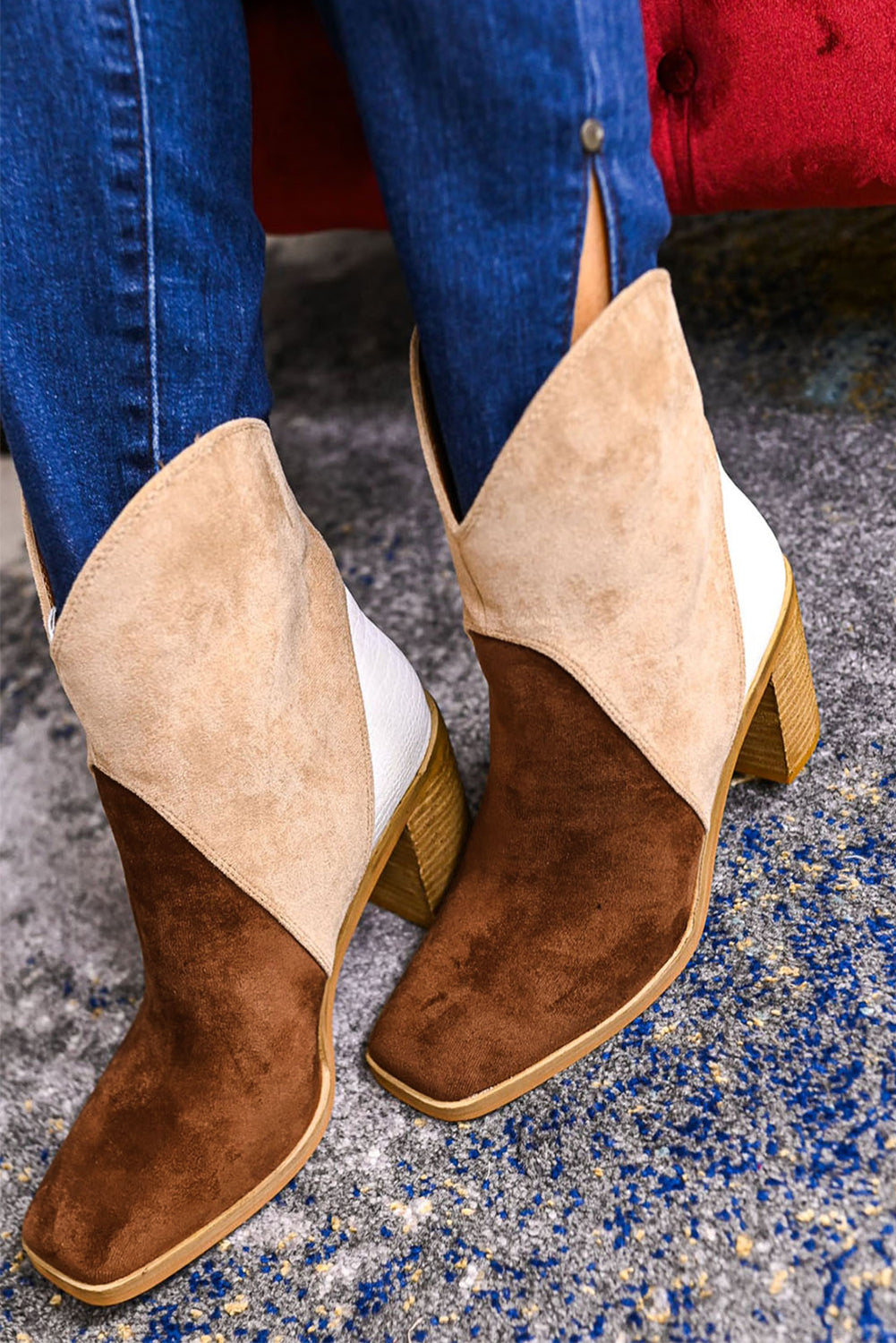 Two-Tone Suede Western Ankle Booties
