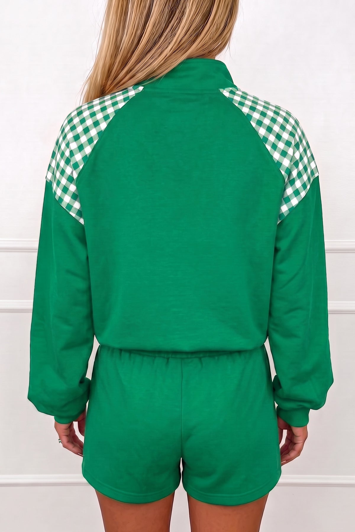 Gingham Patchwork Half-Zip Shorts Set
