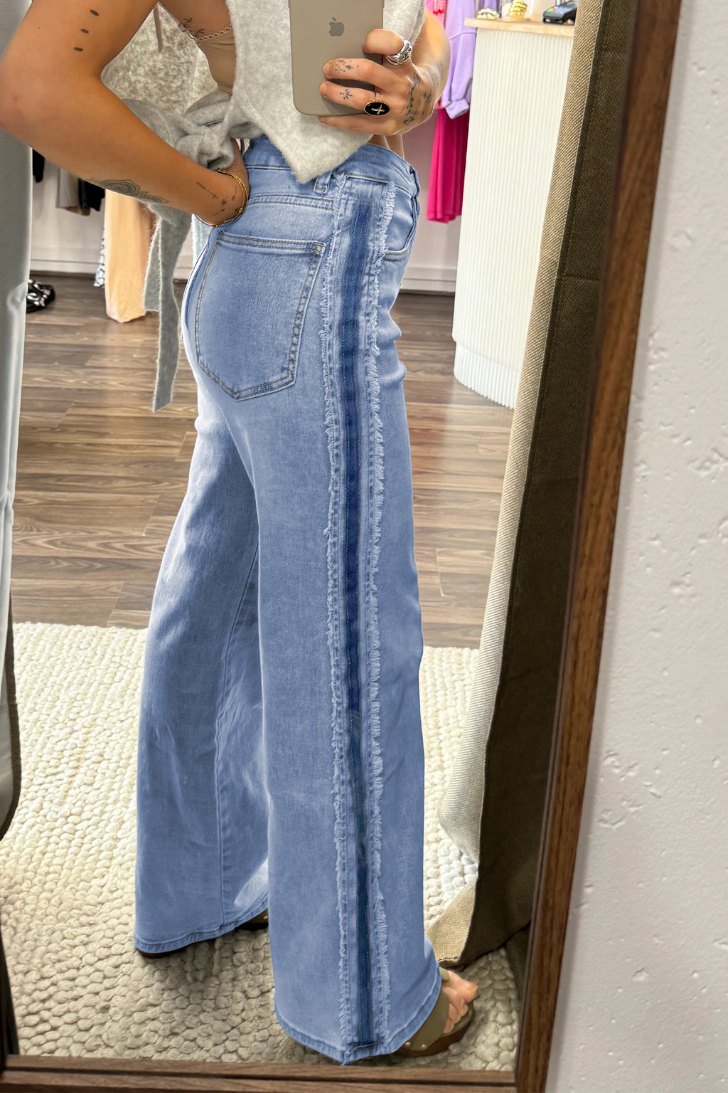 Contrast Stripe Frayed Side Jeans