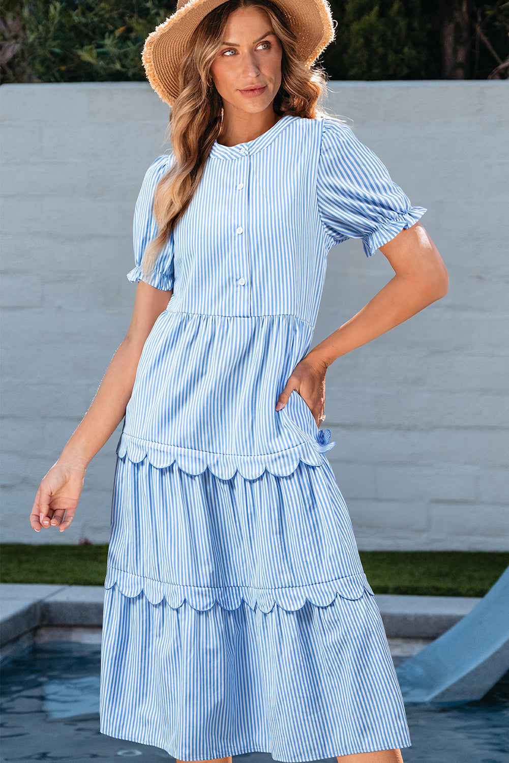 Noah Striped Tiered Scallop Midi Dress