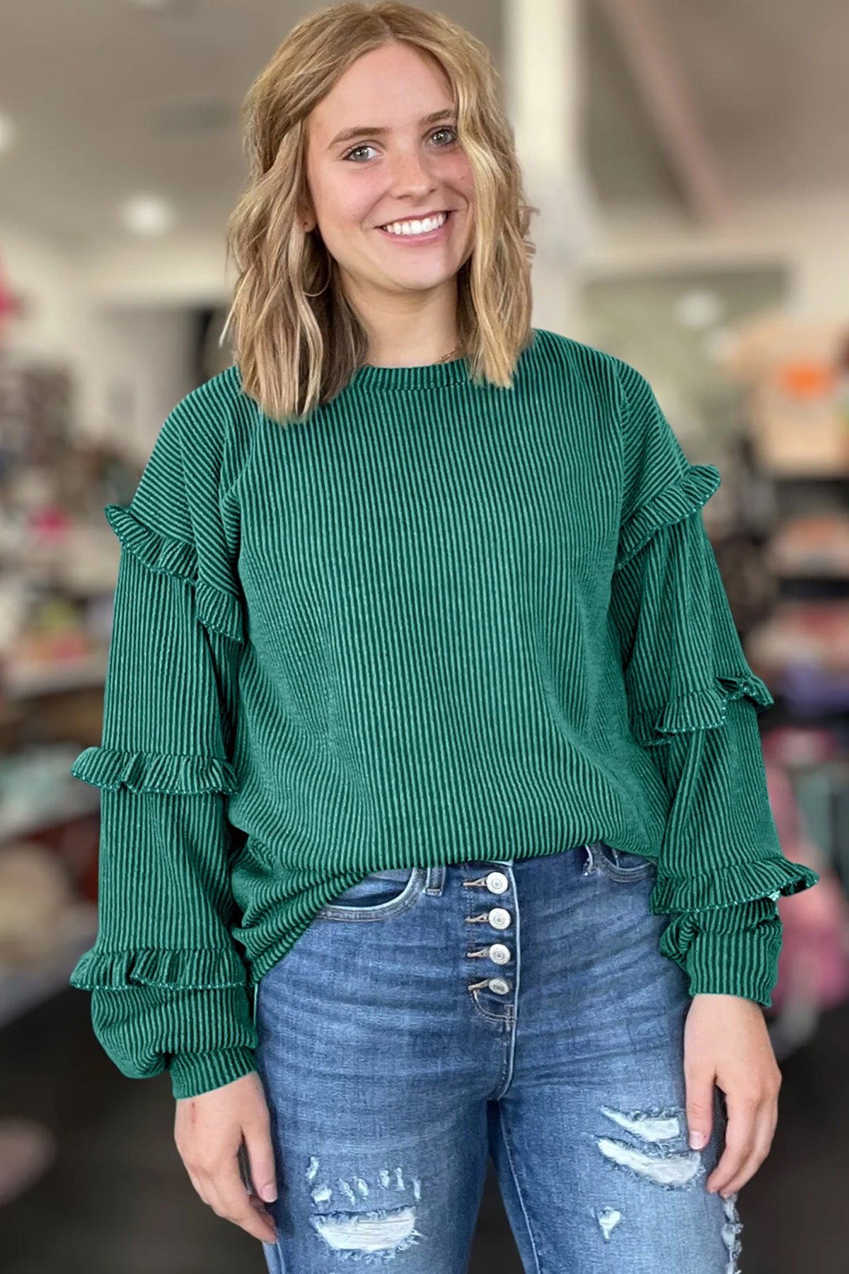 Evergreen Ribbed Ruffle Sleeve Top