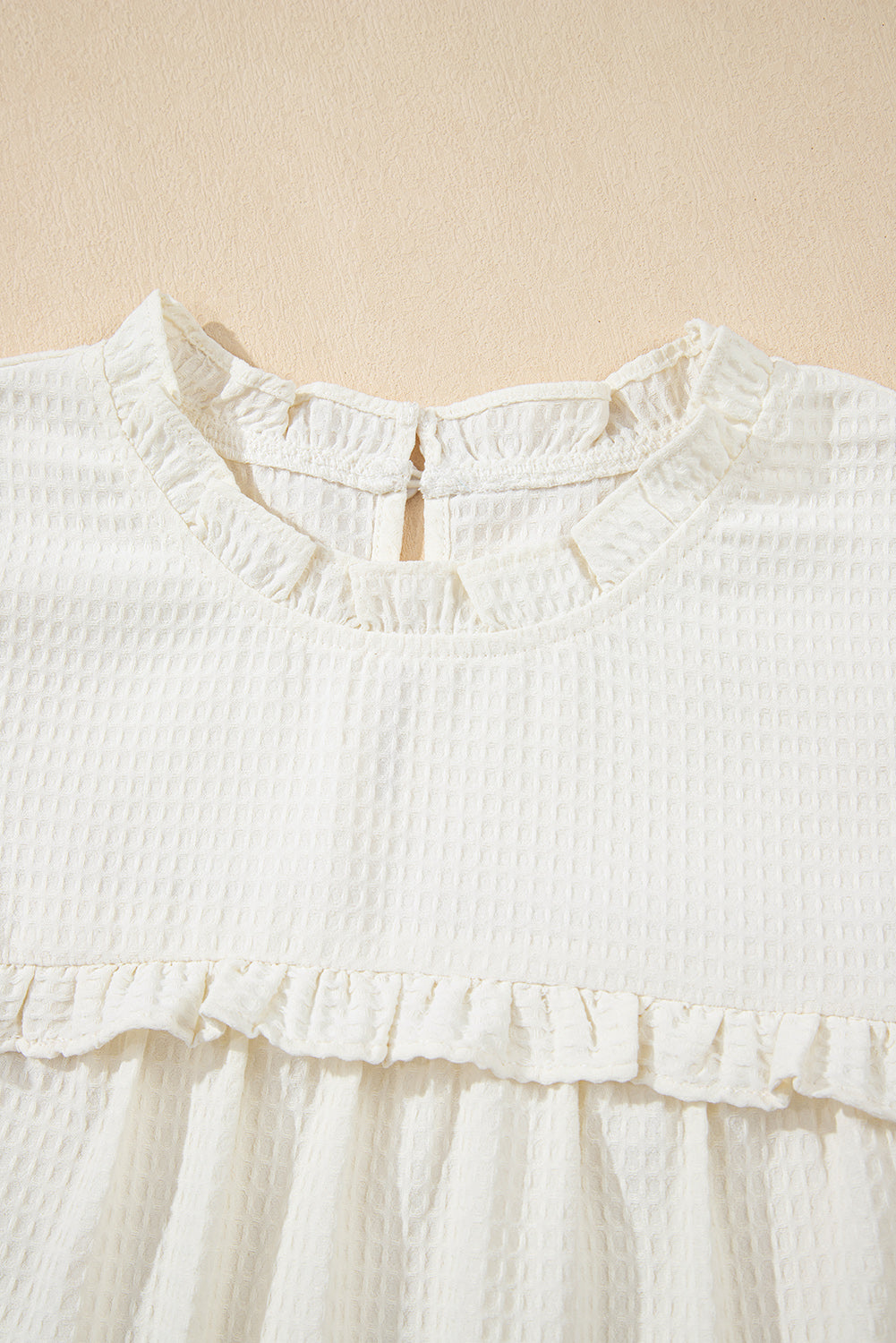 White Waffle Knit Ruffle Sleeve Top