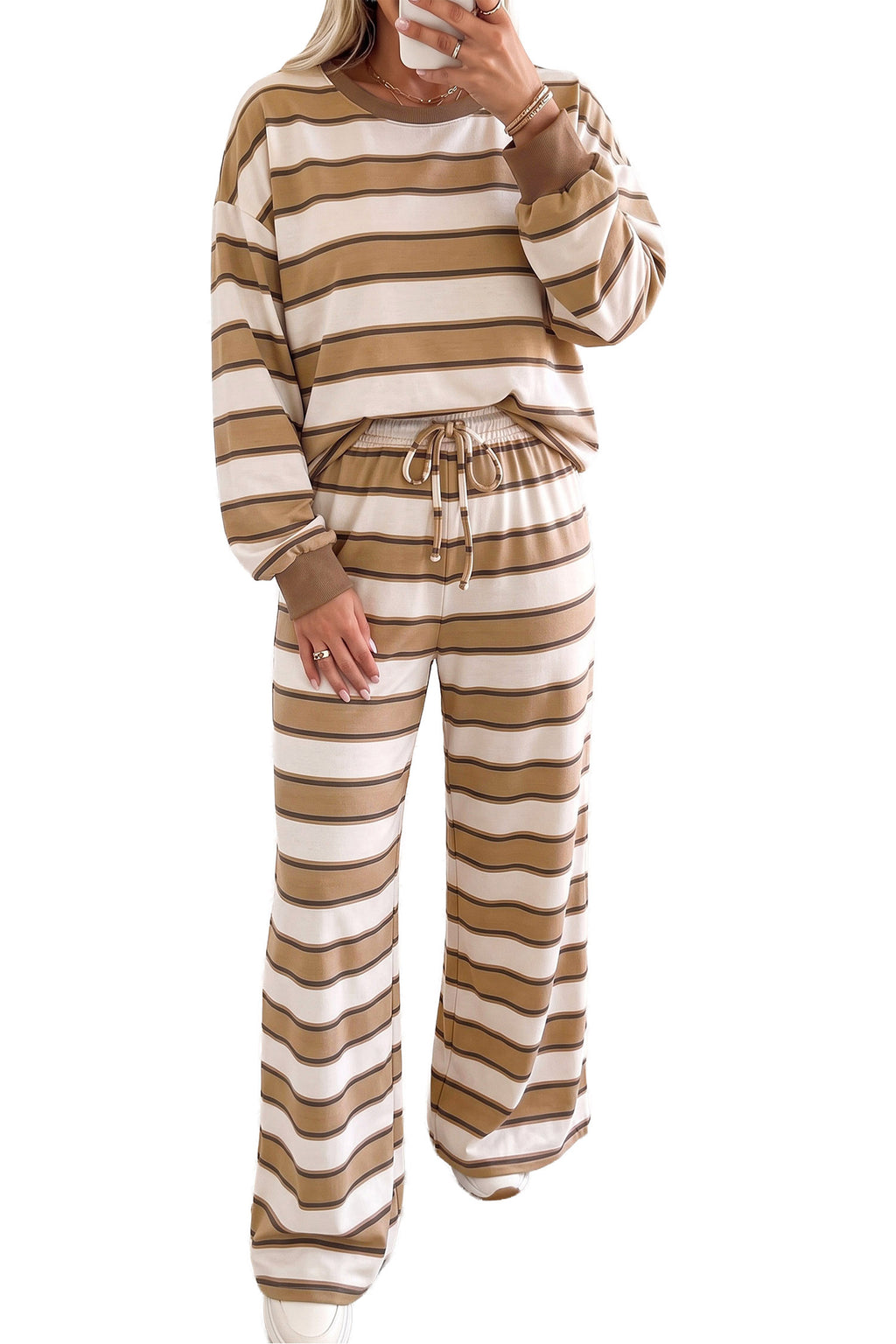 Khaki Stripe Contrast Trim Two-Piece Pants Set