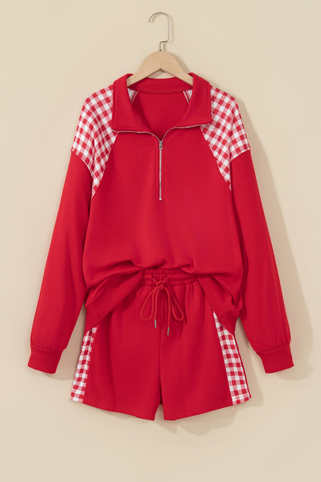 Gingham Patchwork Half-Zip Shorts Set