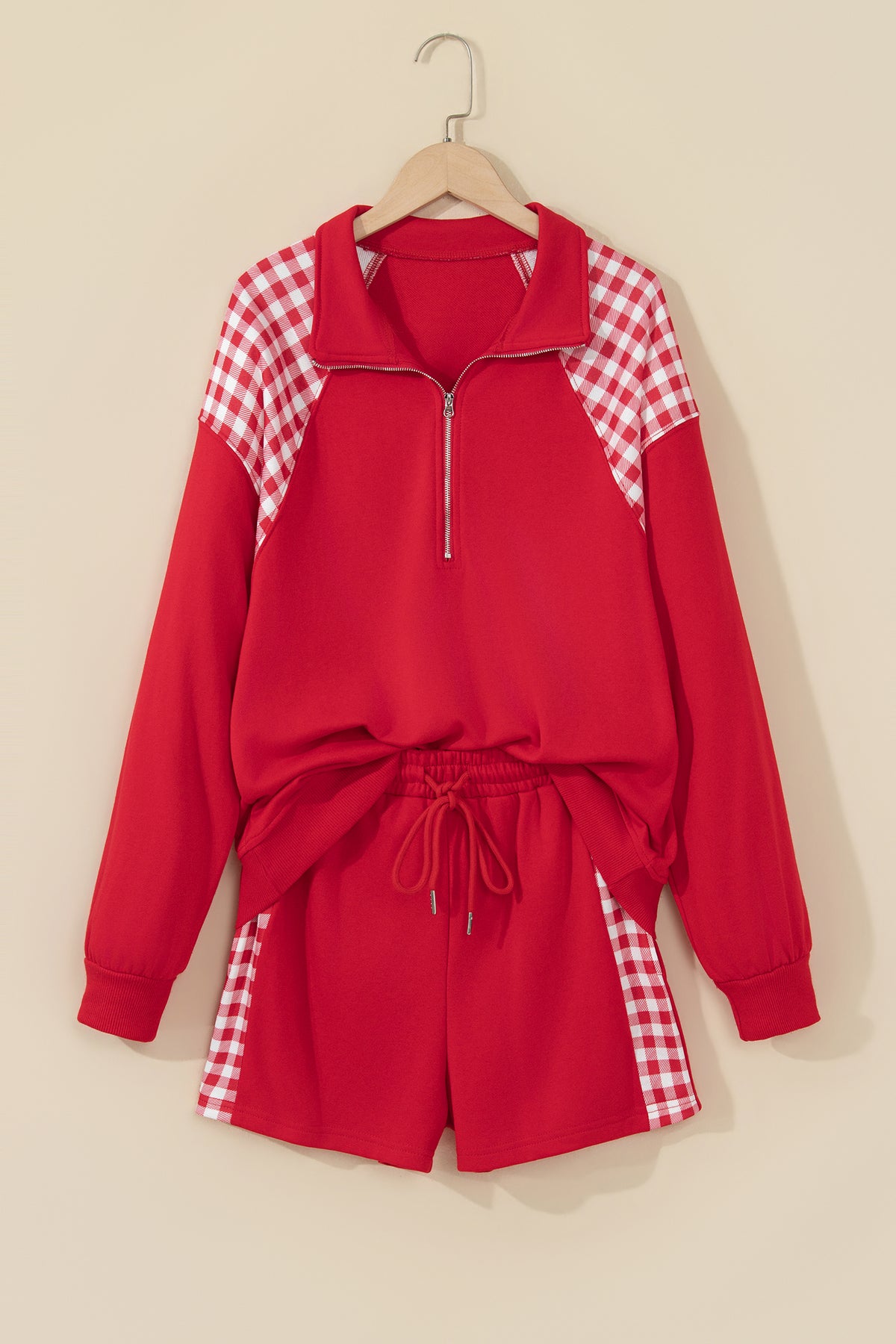 Gingham Patchwork Half-Zip Shorts Set