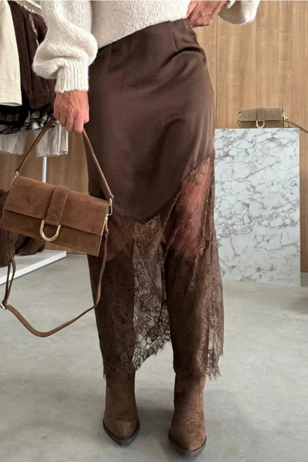 Dark Brown Lace Trim Midi Skirt