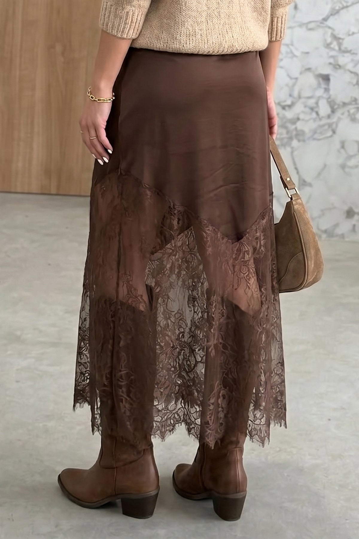 Dark Brown Lace Trim Midi Skirt