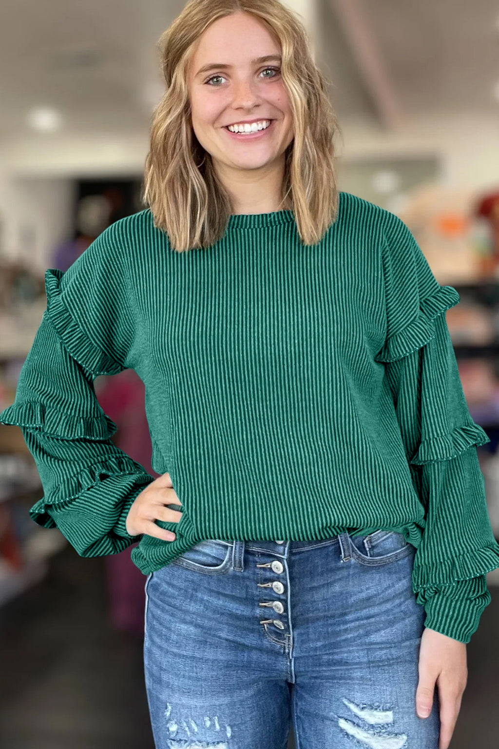 Evergreen Ribbed Ruffle Sleeve Top